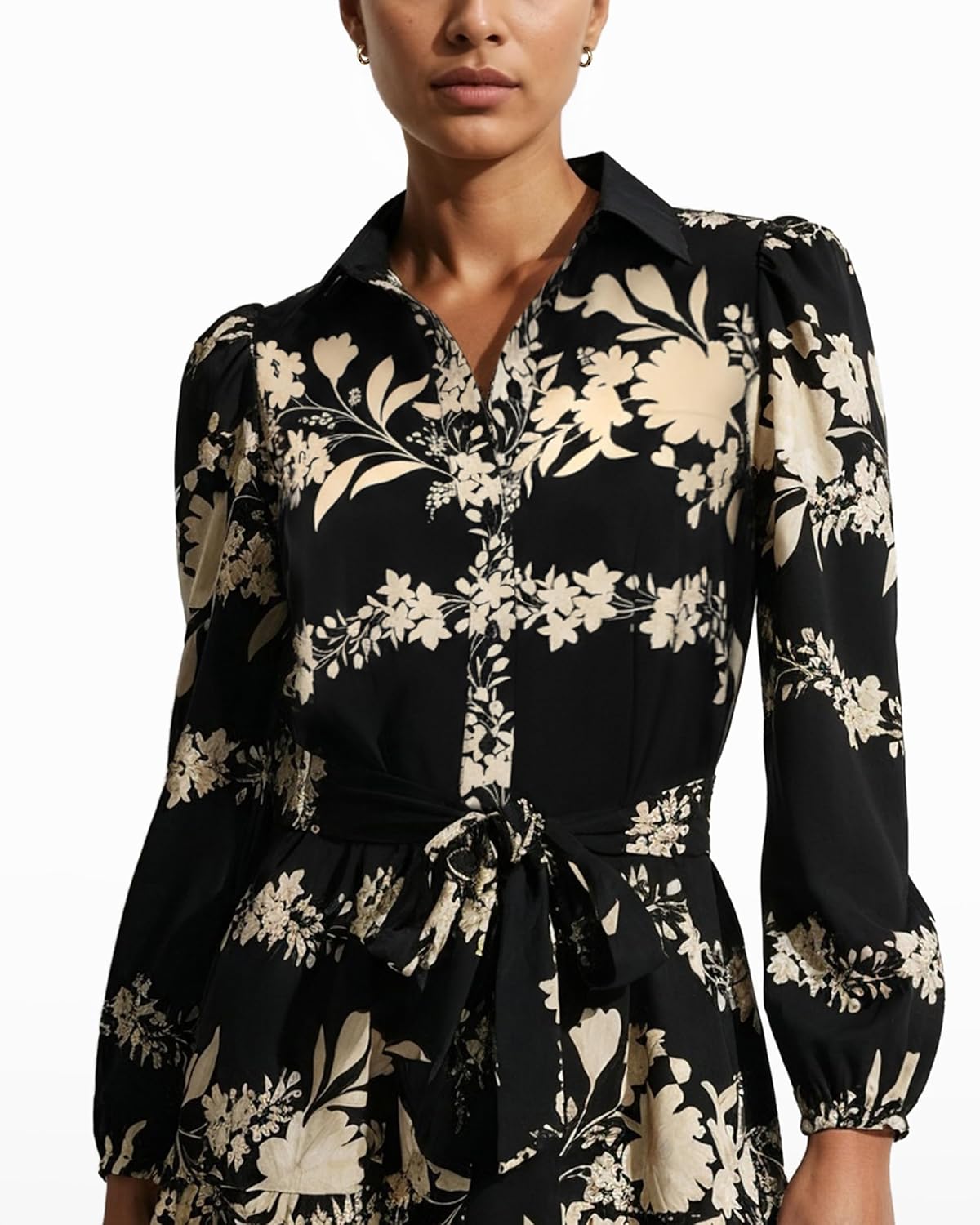 Anne Klein Womens Long Sleeve Tiered Printed Satin Shirt Dress