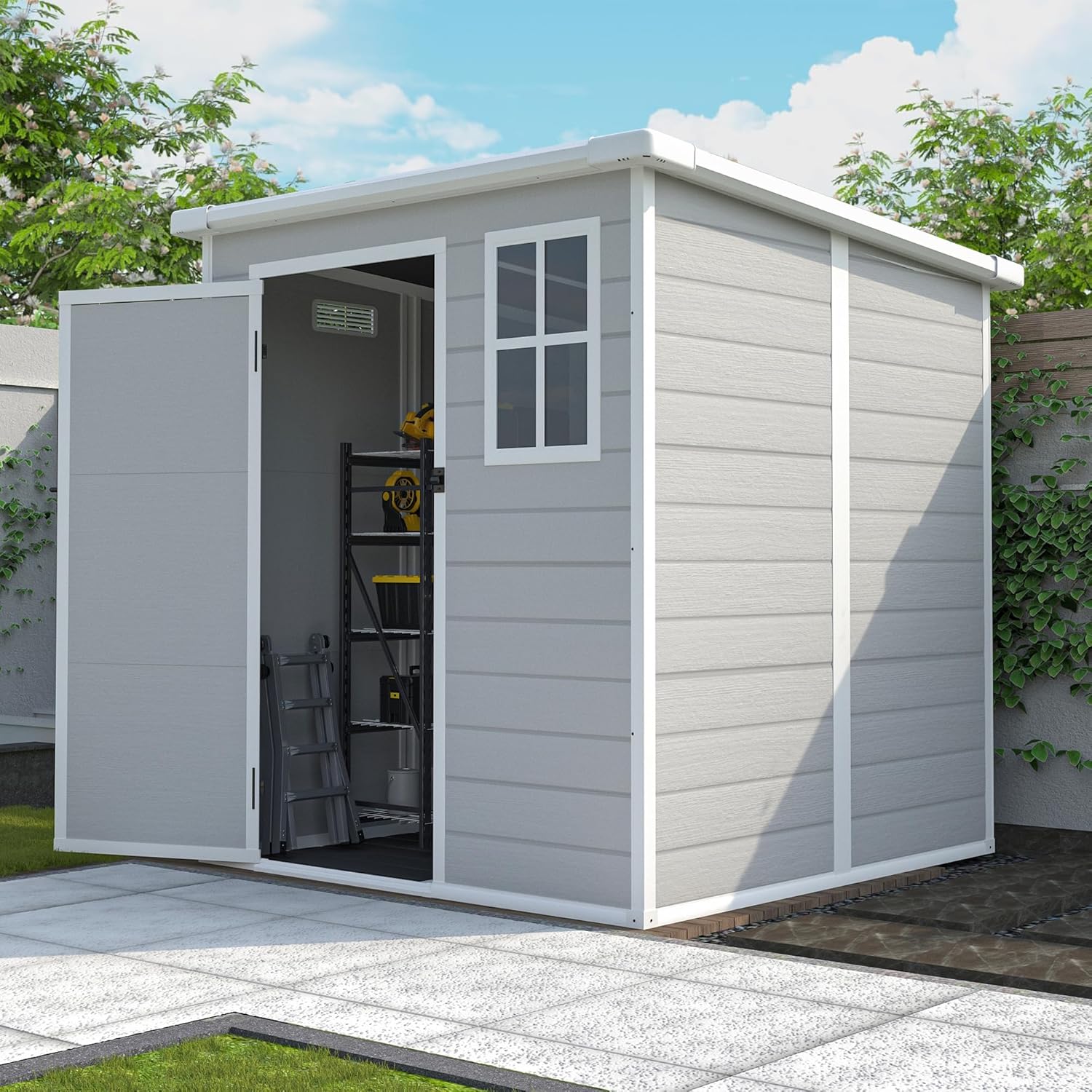 Resin Storage Shed 6x6ft Outdoor Storage Sheds with Floor & Window, Lockable Doors and Vents, Small Tool Shed with Sloped Roof, Sheds for Backyard, Garden, Patio, Lawn (Light Grey, 6 * 6ft)