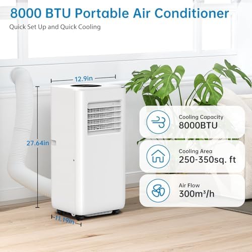 Portable Air Conditioners, 8000 BTU Portable AC for Rooms Up to 350 Sq.Ft. 3-In-1 Unit with Quick Cooling, Dehumidifying, 3-Speed Fan, 24H Timer/Remote Control/Ultra Quiet, White & Black