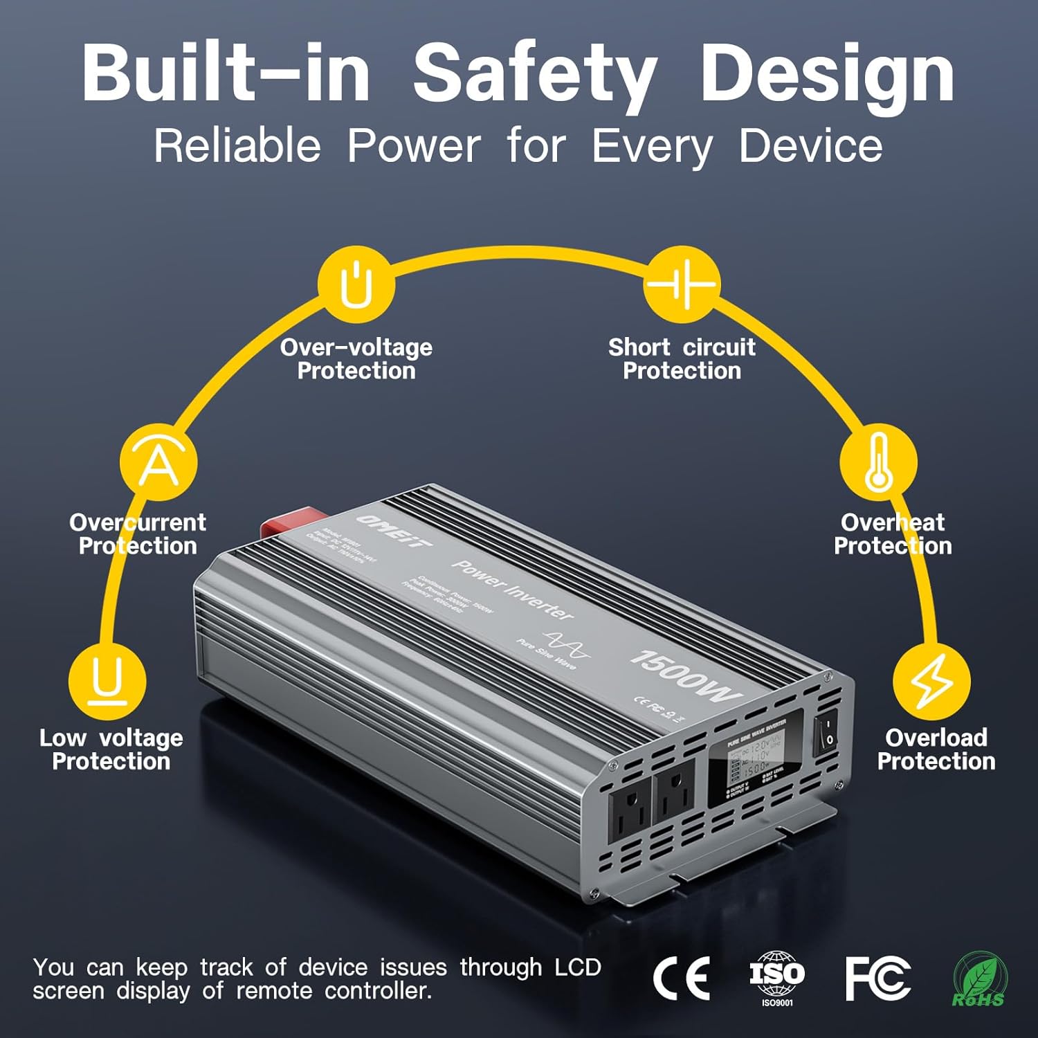 1500W Pure Sine Wave Power Inverter, 12V DC to 110V/120V AC for Car, RV, Truck, Home, Off-Grid, Camping with 2 AC Outlets, LCD Display and 3000W Surge