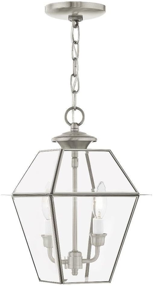 Livex Lighting 2285-91 Transitional Two Light Outdoor Pendant from Westover Collection in Pwt, Nckl, B/S, Slvr. Finish, 9.00 inches, 14.00x9.00x9.00, Brushed Nickel