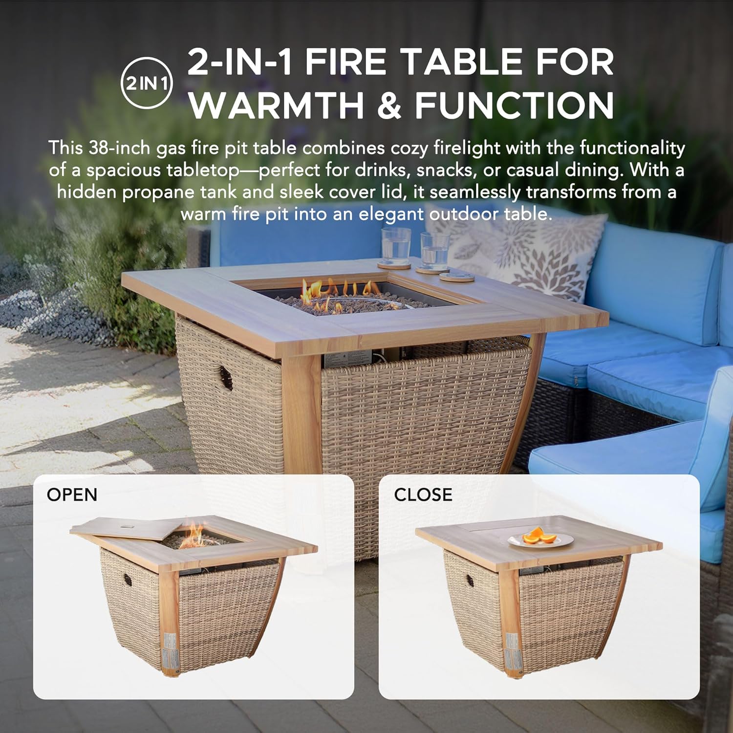 SUNJOY 38 in. Fire Pit Table, Patio Smokeless Propane Firepit (CSA Certified, 37,000 BTU) Gas Burning Brown All-Weather Wicker Firepits Large Fire Table with Lid for Outside