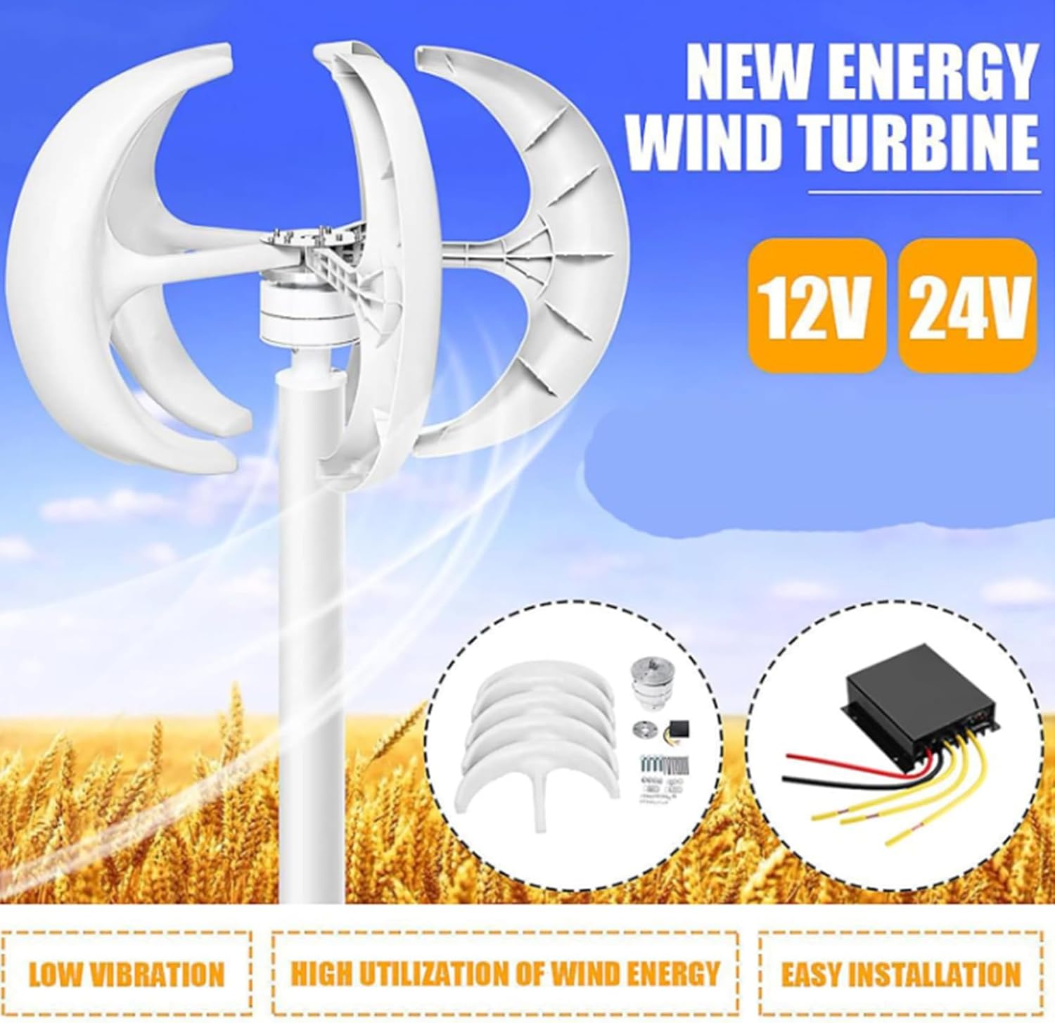 Vertical Axis Wind Turbine Generator 12000W Low Noise Low Start Wind Speed 12V 24V 48V Windmill Off Grid System with MPPT Controller(5 Blades)