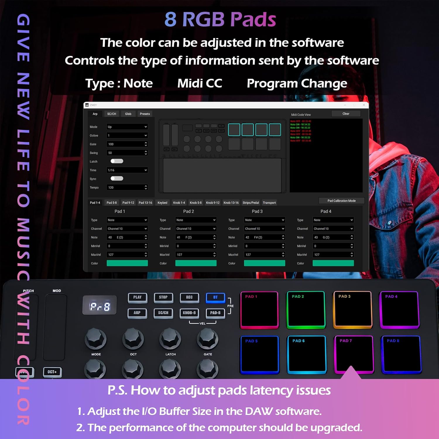 M-VAVE 25 Keys 8 Backlit Drum Pads MIDI Keyboard – Professional Beat Maker and Keytar for Keyboard Music Production Builtin Battery Wireless Connect Black