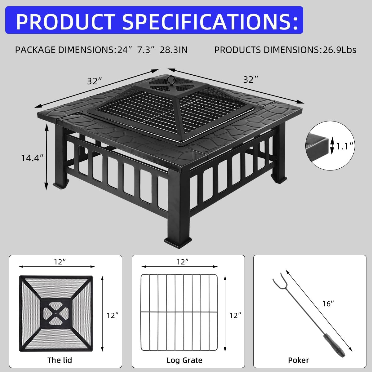 3-in-1 Outdoor Fire Pit with BBQ Grill and Ice Bucket, Square Metal Patio Heater with Decorative Base
