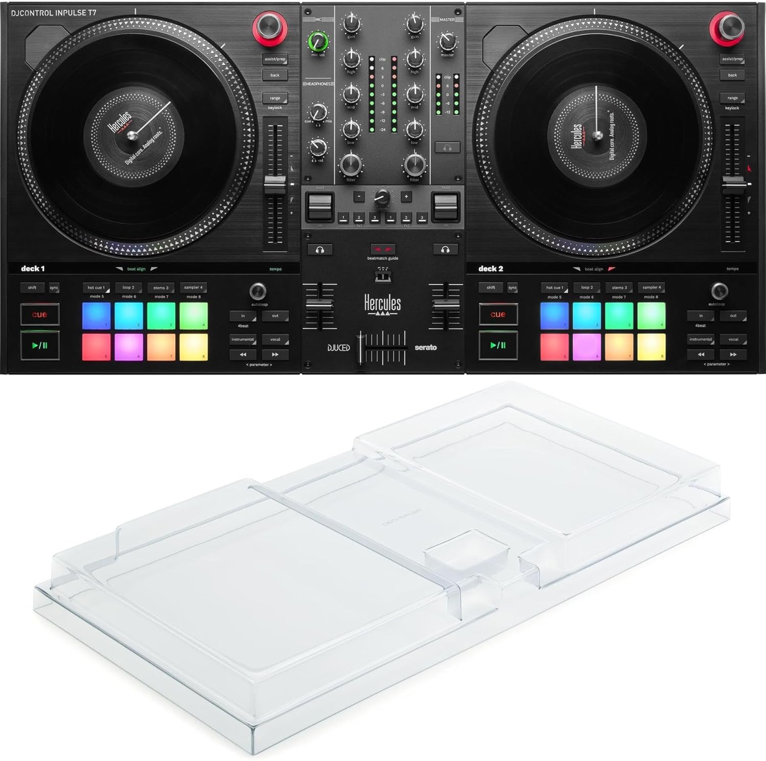 Hercules DJ DJControl Inpulse T7 2-Deck Motorized DJ Controller with Built-in Vinyl Jog Wheels, Easy-to-Use Beatmatch Guide, Serato DJ Lite Included, and Decksaver Cover for Protection