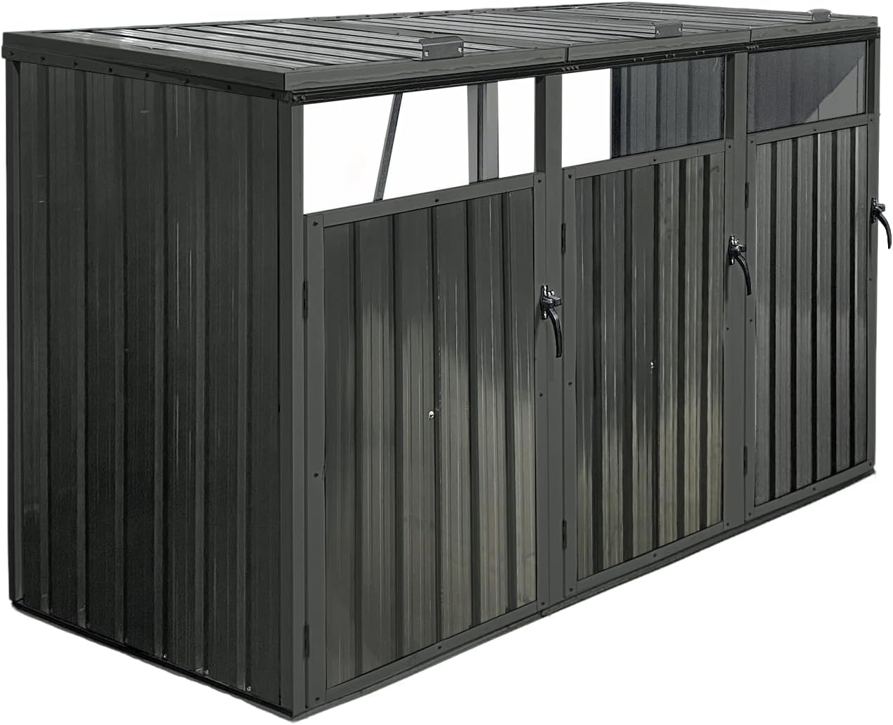 Garbage Can Storage Shed for 3 Trash Bins Outdoor Metal Bin Enclosure with Lockable Doors and Ventilation Weather-Resistant Steel Trash Can Hideaway with Lid and Spring Design for Patio Backyard Black