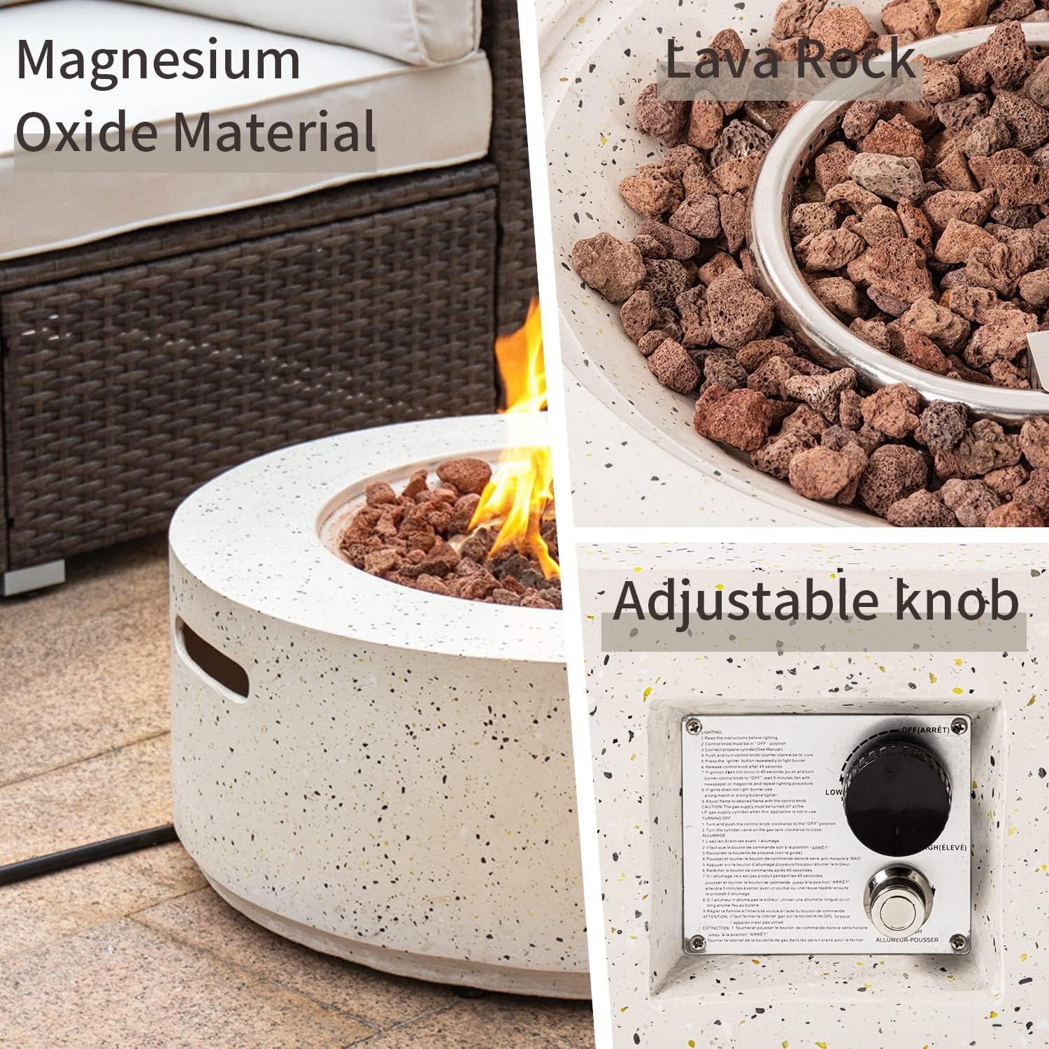 SUNBURY Outdoor 28 Inch Propane Fire Pit Table, Round Fire Table w Tank Table, 40,000 BTU Spotted White Patio Gas Fire Table w Tempered Glass Wind Guard, Waterproof Cover