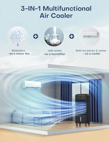 NOMEY Evaporative Air Cooler, 3-IN-1 Air Conditioner Portable for Room w/ 4 Modes & 3 Speed, 12H Timer, 1 Gal Detachable Water Tank, 4 Ice Packs, Remote, 70° Oscillation Air Cooler for Bedroom Indoor