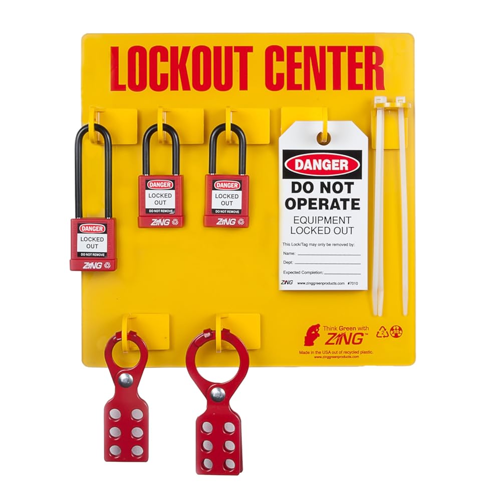 Zing Green Products 7113 RecycLockout 3-Padlock Lockout Tagout Board Station, 11 x 11 x 1.75 Inch, Yellow