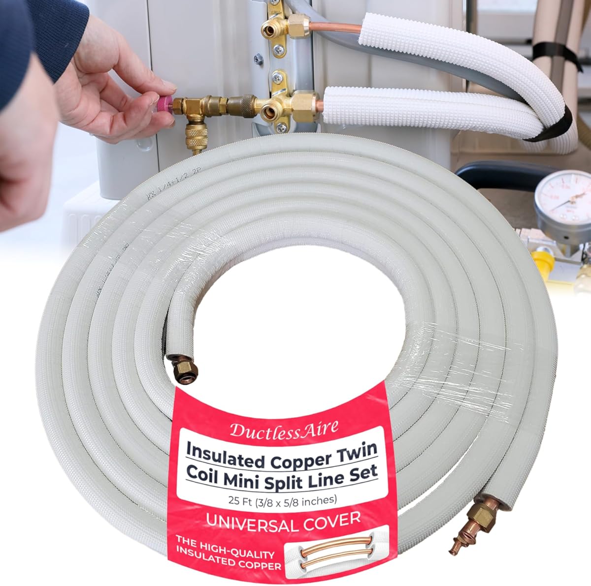 DuctlessAire Insulated Copper Twin Line Set for Ductless Mini Split Air Conditioner and Heat Pump System - Insulation Copper Pipe Coil Tubing for HVAC, AC & More - Universal Cover (25ft, 3/8 x 5/8 in)