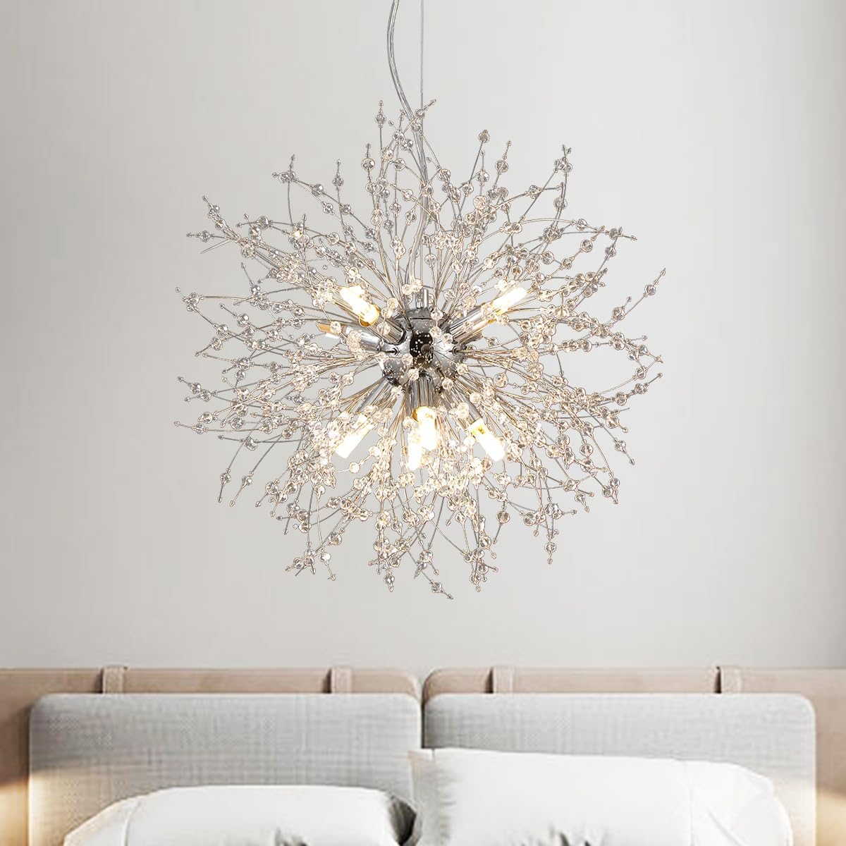 Modern Small Chandelier, 8 Lights Chrome Firework Chandelier, Dandelion Crystal Chandeliers for Entryway, Sputnik Pendant Light Fixture for Dining Room