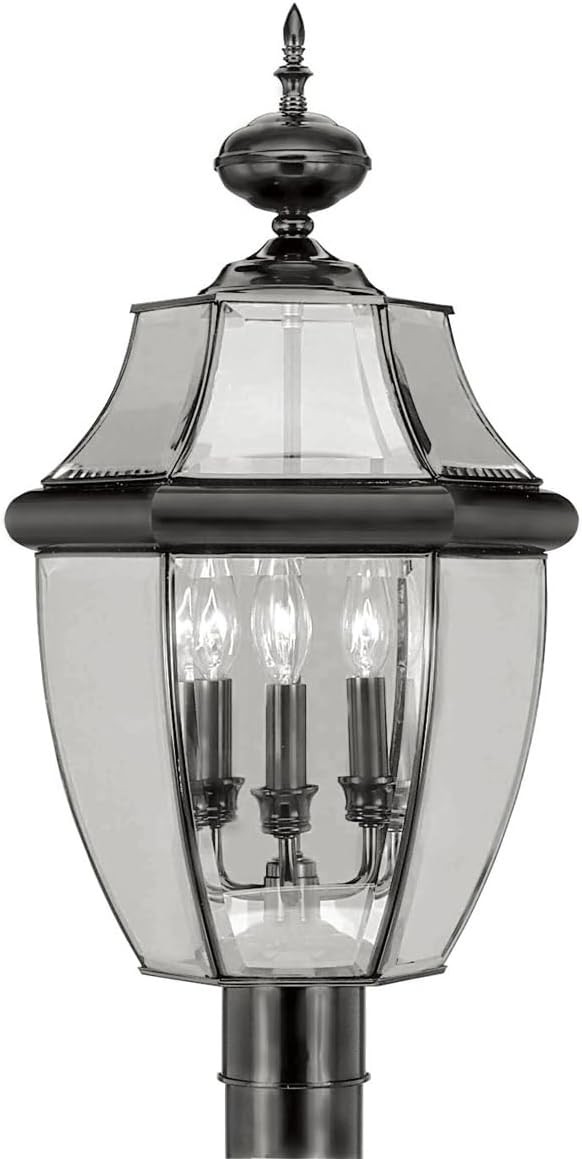 Livex Lighting 2354-04 Monterey 3 Light Outdoor Black Finish Solid Brass Post Head with Clear Beveled Glass