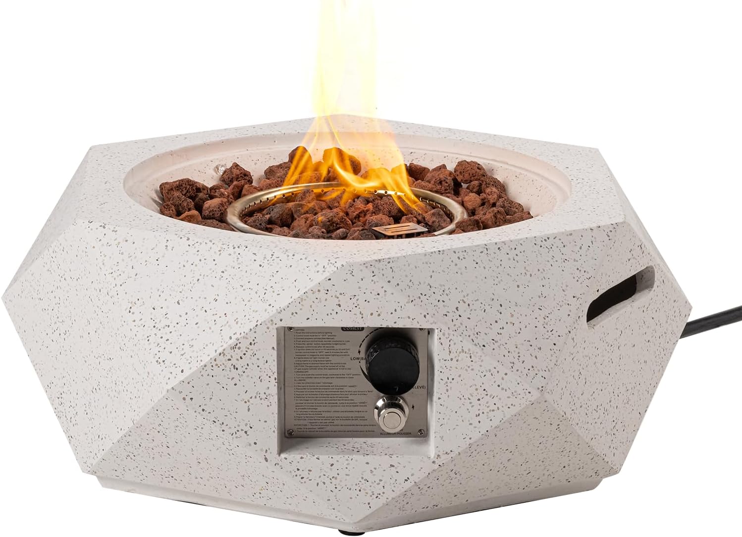 Outdoor Propane Fire Pit Table w Terrazzo White Faux Stone 24-inch Hexagon Base