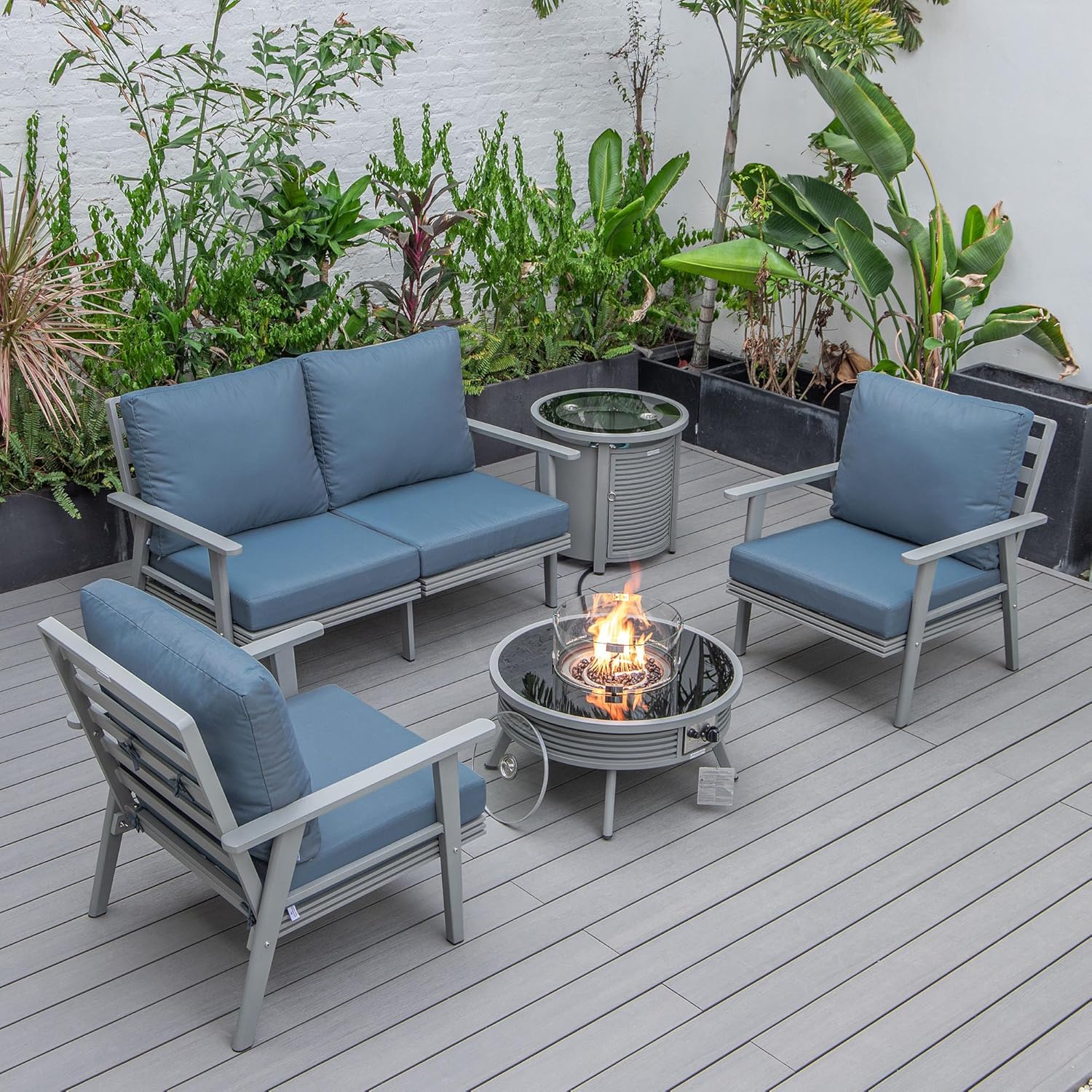 LeisureMod Walbrooke Modern Aluminum 5-Piece Patio Conversation Set with Outdoor Round Fire Pit Slats Design & Side Table Tank Holder, Navy Blue