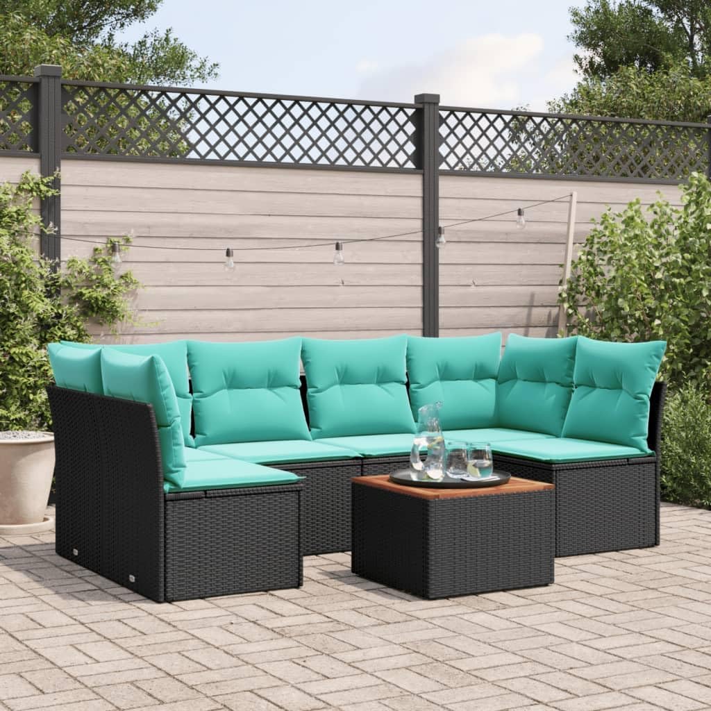 7 Piece Patio Sofa Set, Black Poly Rattan Outdoor Sectional Furniture with Storage, Acacia Wood Tabletop, Blue Cushions, UV-Proof Garden Lounger