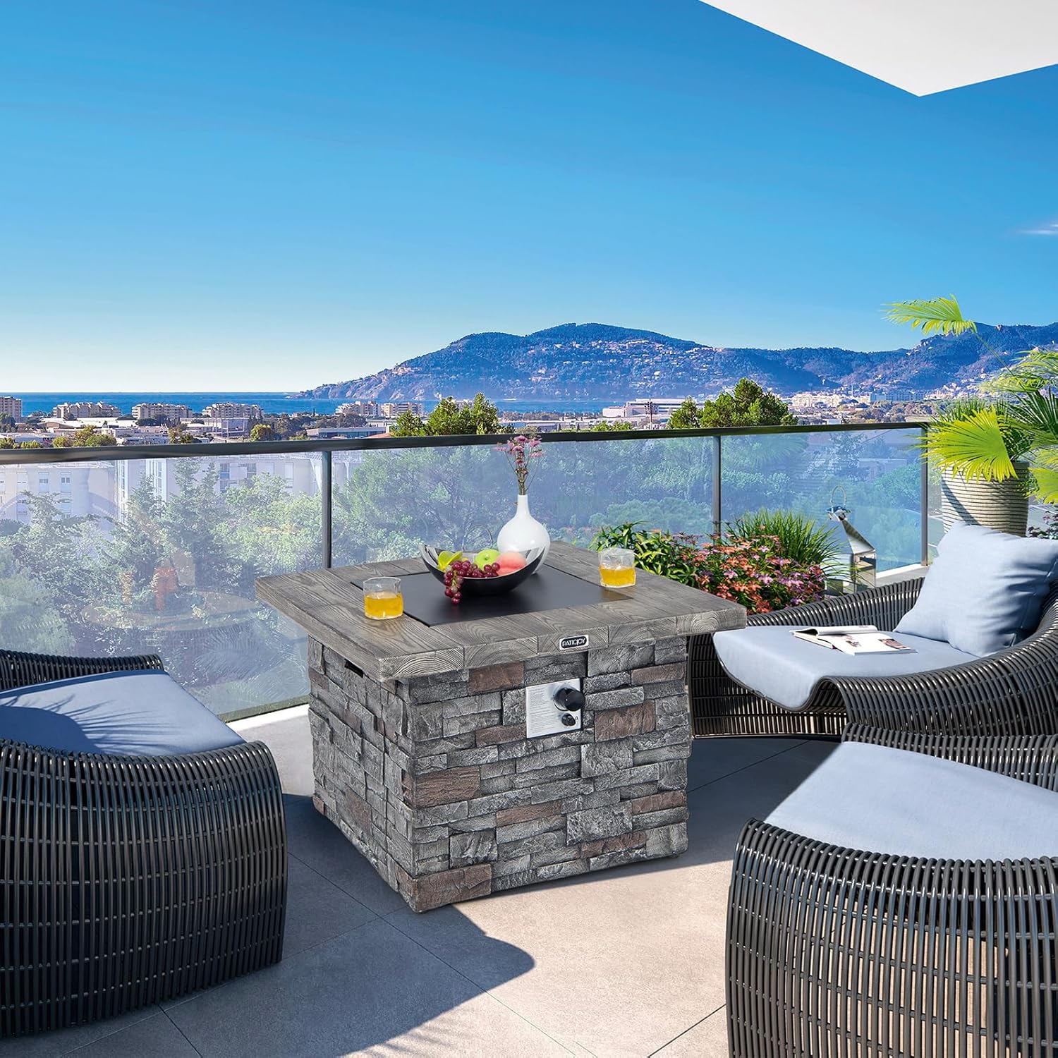 Tangkula 34.5 Inch Faux Stone Propane Fire Pit Table, Patiojoy Square Gas Fire Pit with Metal Lid, Lava Rocks, Stainless Steel Burner & PVC Cover, 50,000BTU Outdoor Fire Table