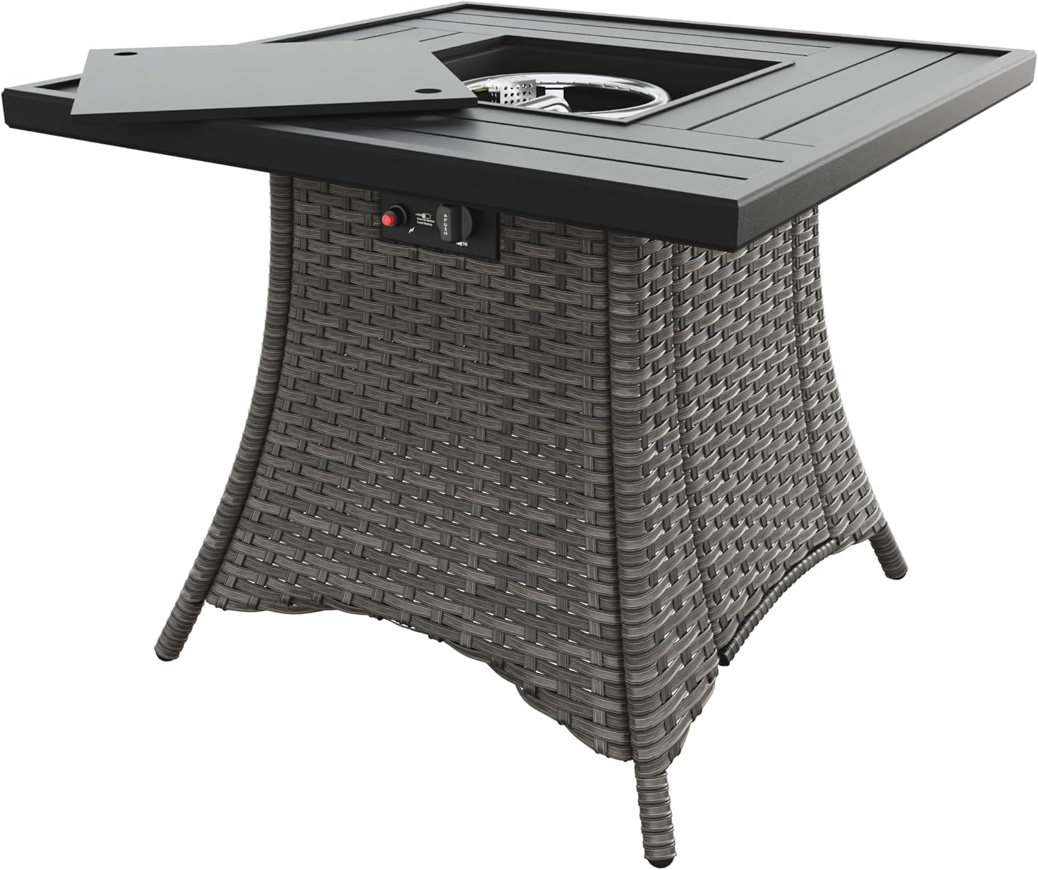 31” Gas Fire Pit Table, 50000 BTU Outdoor Rattan & Wicker Propane Fire Pit Table, with Square Black Steel Tabletop and Rattan Wicker Base, for Outside Patio and Garden