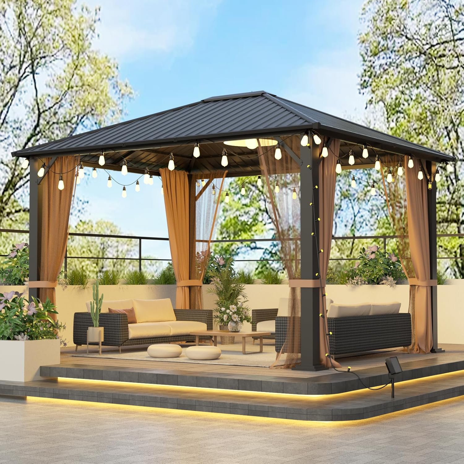 10x12 Hardtop Metal Gazebo, Heavy Duty Pergola with Mosquito Net & Weatherproof Canopy (Black+Brown)