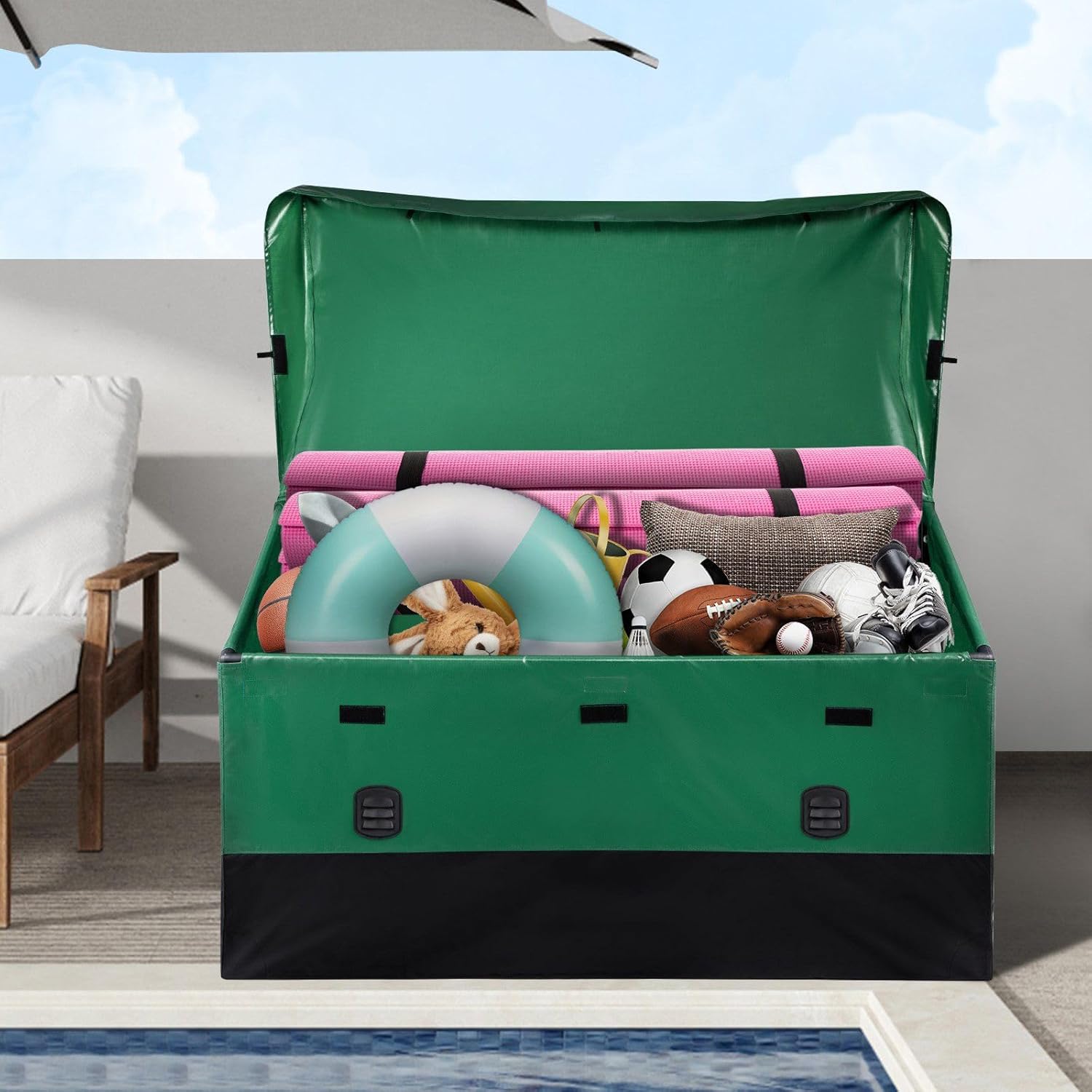 150 Gallon Outdoor Deck Box, Outdoor Waterproof Storage Box, Waterproof PE Tarpaulin, Portable Outdoors Container for Patio Furniture Cushions, Pools and Garden Tools, Green and Black