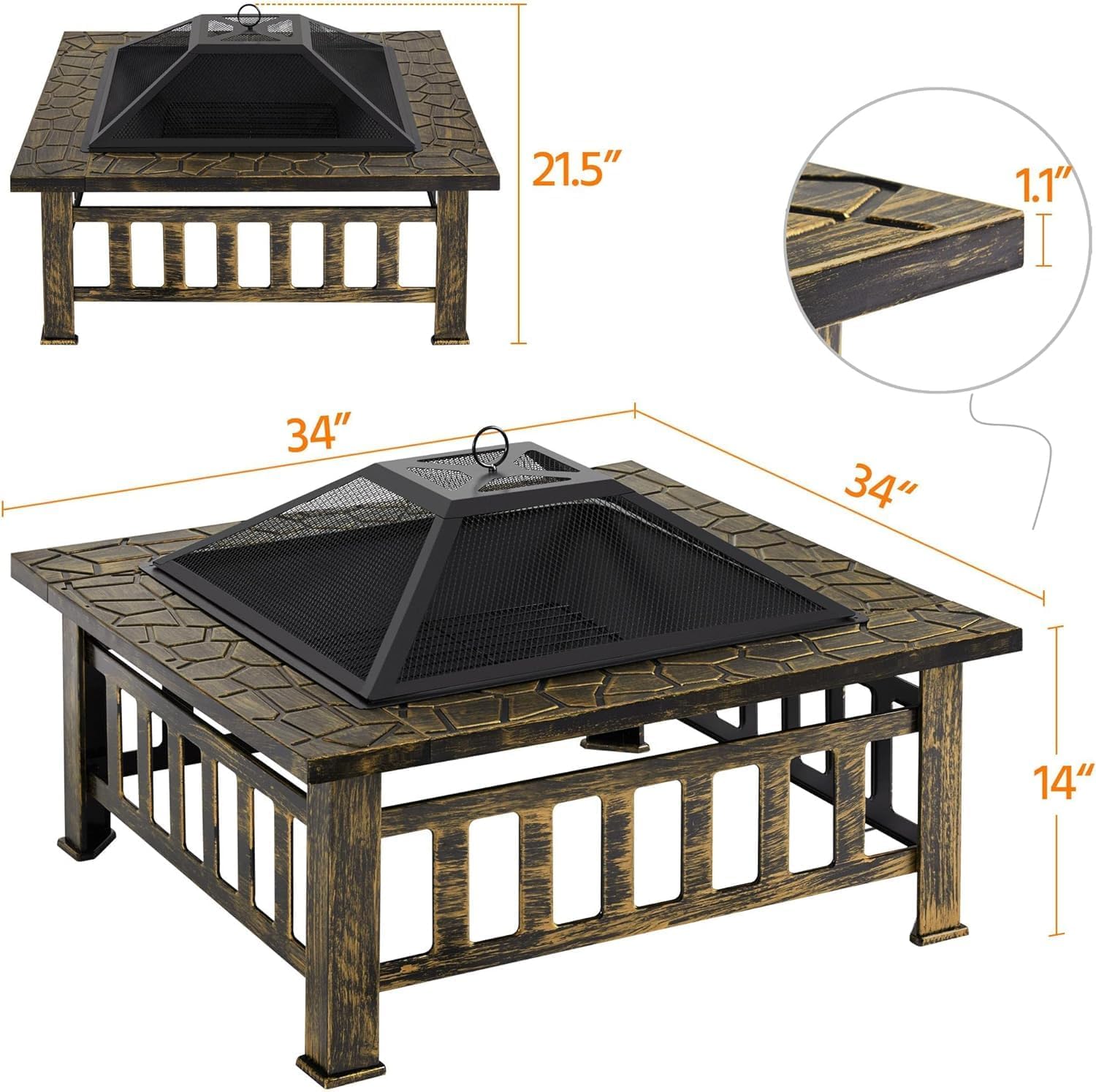 34in Fire Pit Table Outdoor Fire Pits Square Steel Stove with Mesh Screen, Waterproof Cover Poker for Outside Patio Bonfire Camping (Bronze)