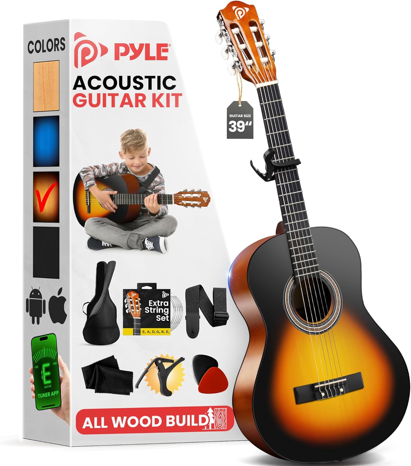 Pyle Beginner Acoustic Guitar Kit, 4/4 Full Size All Wood Build Nylon String Instrument with Capo, Gig Bag, Strap, Extra String Set, Guitars for Beginners Adults Youth, 39