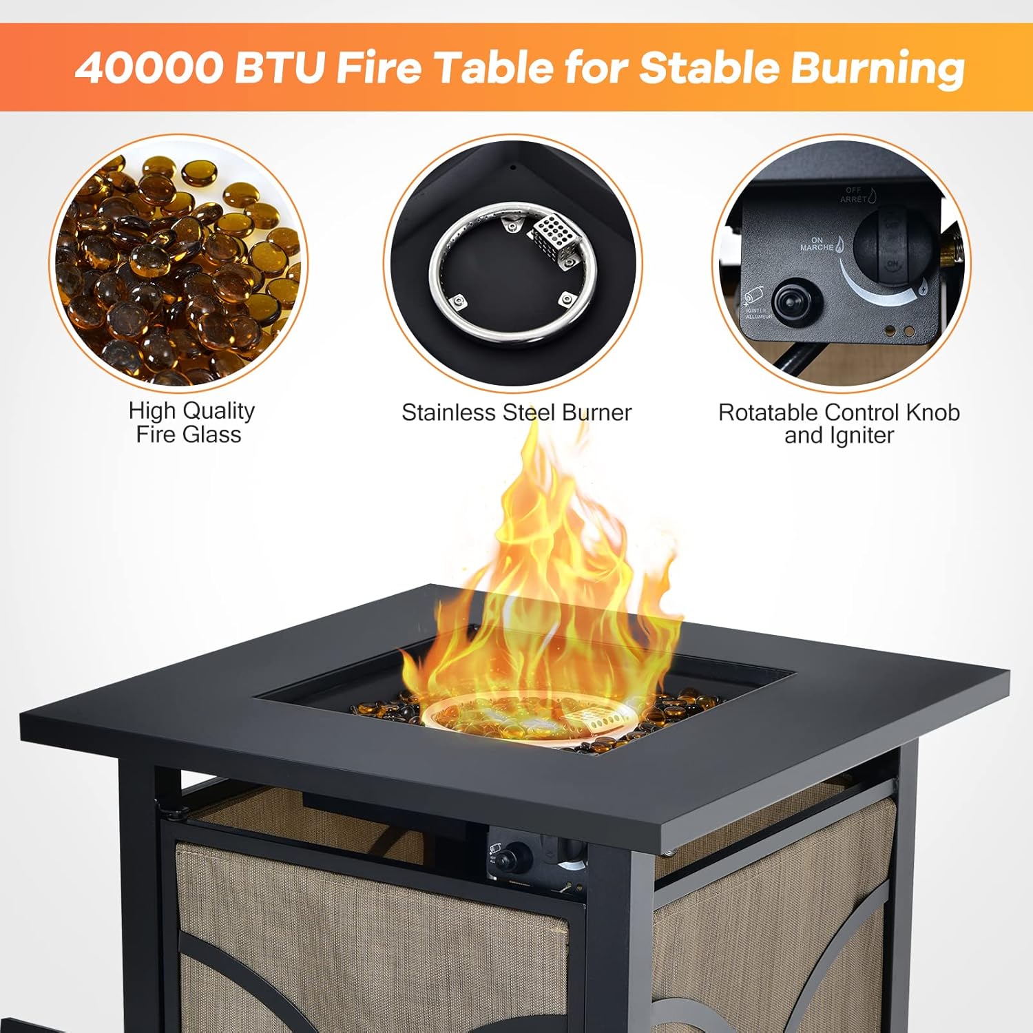 DORTALA 25'' Gas Fire Pit Table, 40,000 BTU Propane Fire Pit Table w/CSA Certification,Square Fire Table with Lid, Fire Glass and Adjustable Flame, Firepit for Patio Deck Backyard, Black & Natural