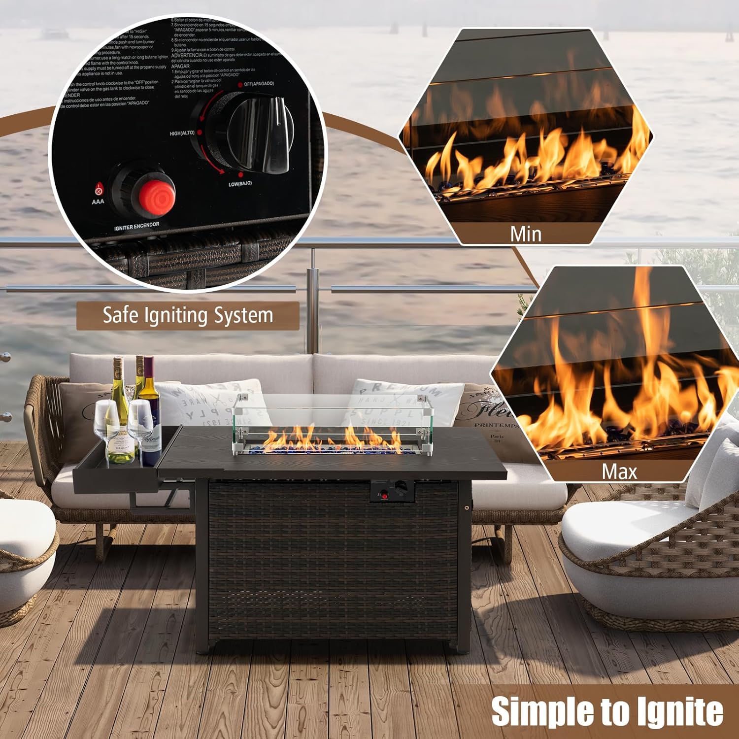 Tangkula Patio Propane Fire Pit Table, 52 Inch Wicker Gas Fire Pit with Wind Guard & Extended Shelf, 50,000 BTU Heat Output, Rectangular Fire Table with Blue Fire Stone & Waterproof Cover (Brown)