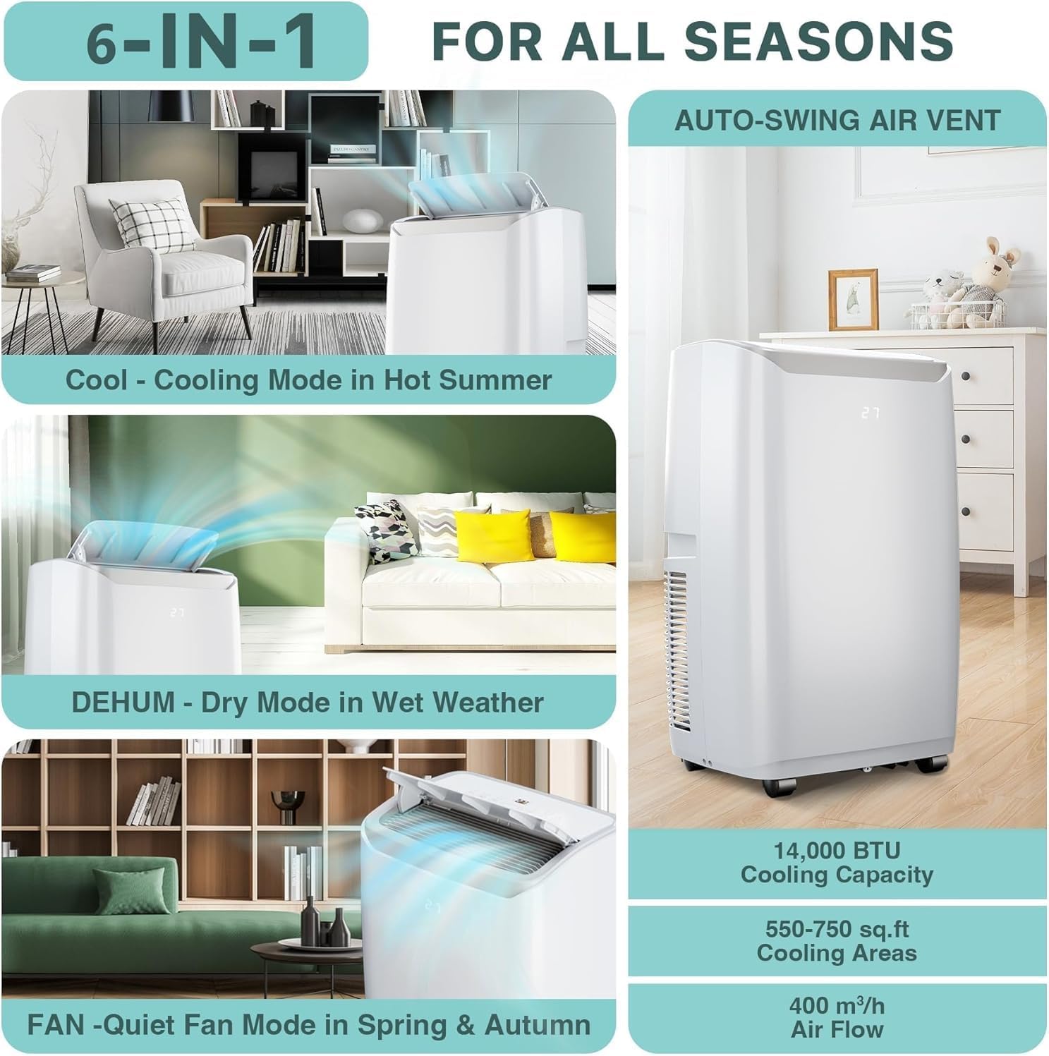 6-In-1 Portable Air Conditioner with 14000 BTU Cooling, Dehumidifying & Fan, Quiet Operation and Easy Mobility, Remote Control, Enhanced Air Quality for Home & Office,Black Top