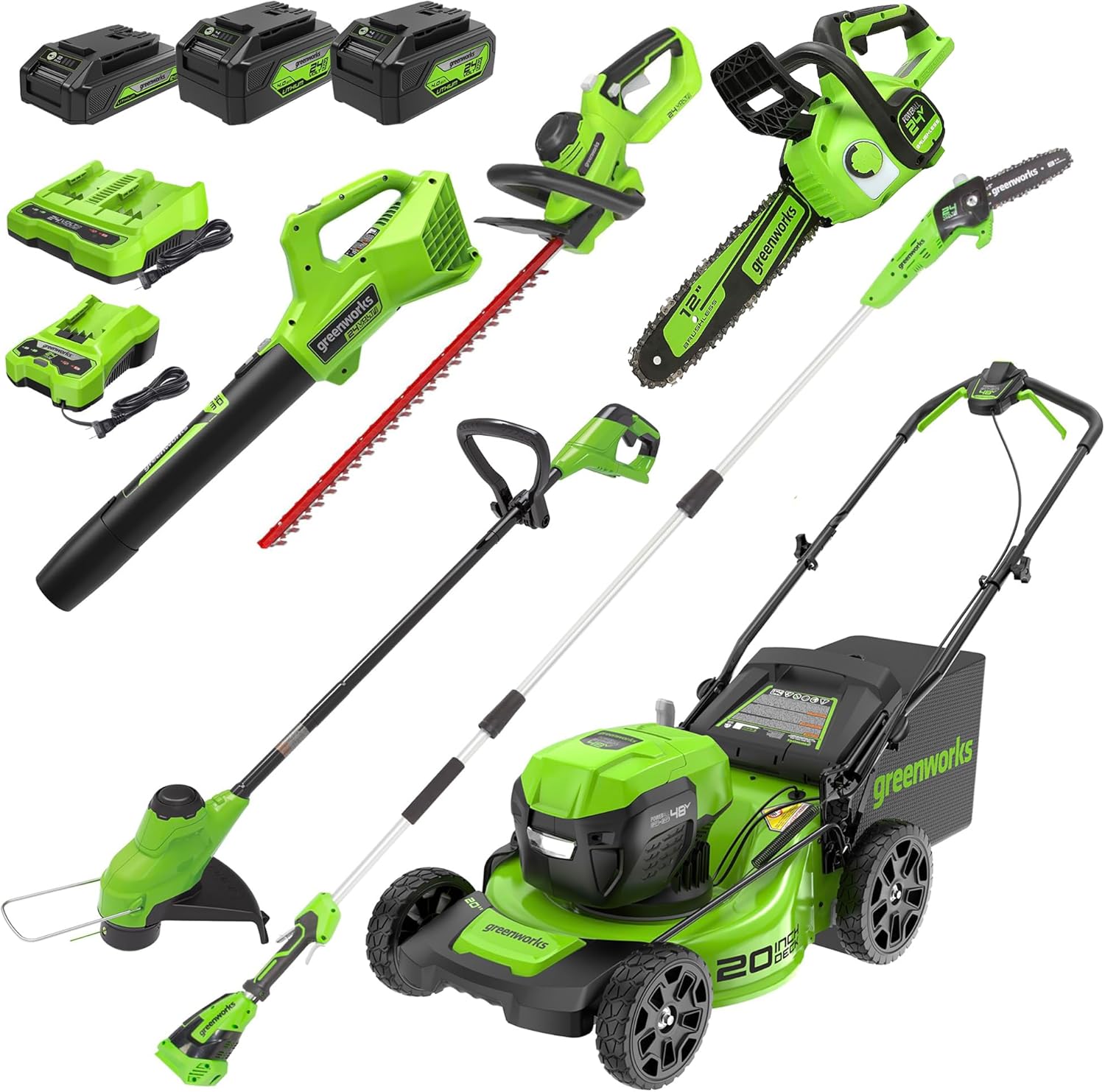 Greenworks 48V (24V x 2) 6-Piece Cordless Garden Tool Set - 20