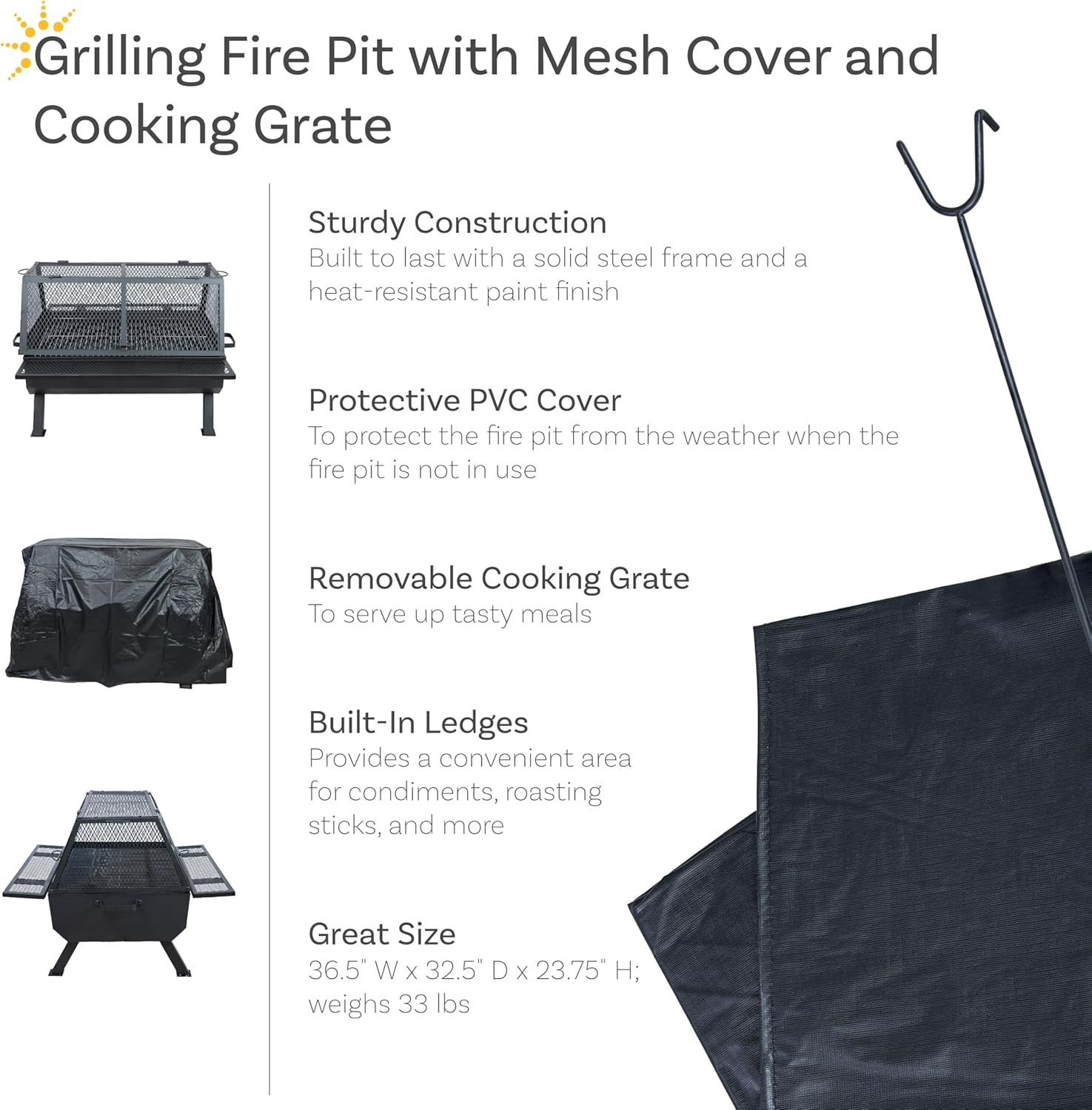 Sunnydaze 36-Inch Steel Outdoor Fire Pit with Grill and Spark Screen - PVC Protective Cover - Heat-Resistant Finish - Black