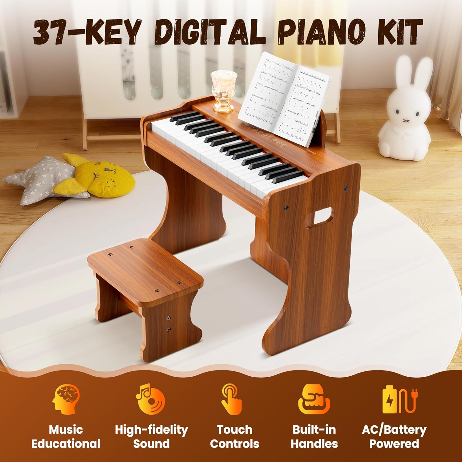 CAHAYA Kids Piano Keyboard Wooden - 37 Keys Digital Piano for child, Baby Piano Toy with Touch Controls Music Educational Instrument Set Wooden Toy for 3+ Girls Boys Gift
