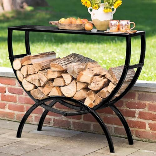 Heavy Duty Firewood Rack - Metal Log Holder for Indoor Fireplace & Outdoor Storage, Weatherproof Lumber Stacker for Patio, Deck & Porch - Multifunctional Table with Storage