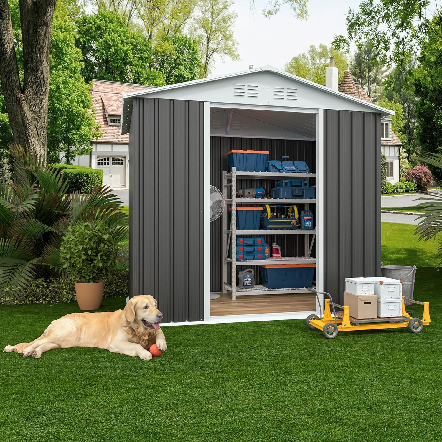 6x4FT Apex Roof Green Outdoor Tool Storage House Garden Shed with Aluminum Alloy Frame and Sliding Door for Patio,Backyard (Gray)
