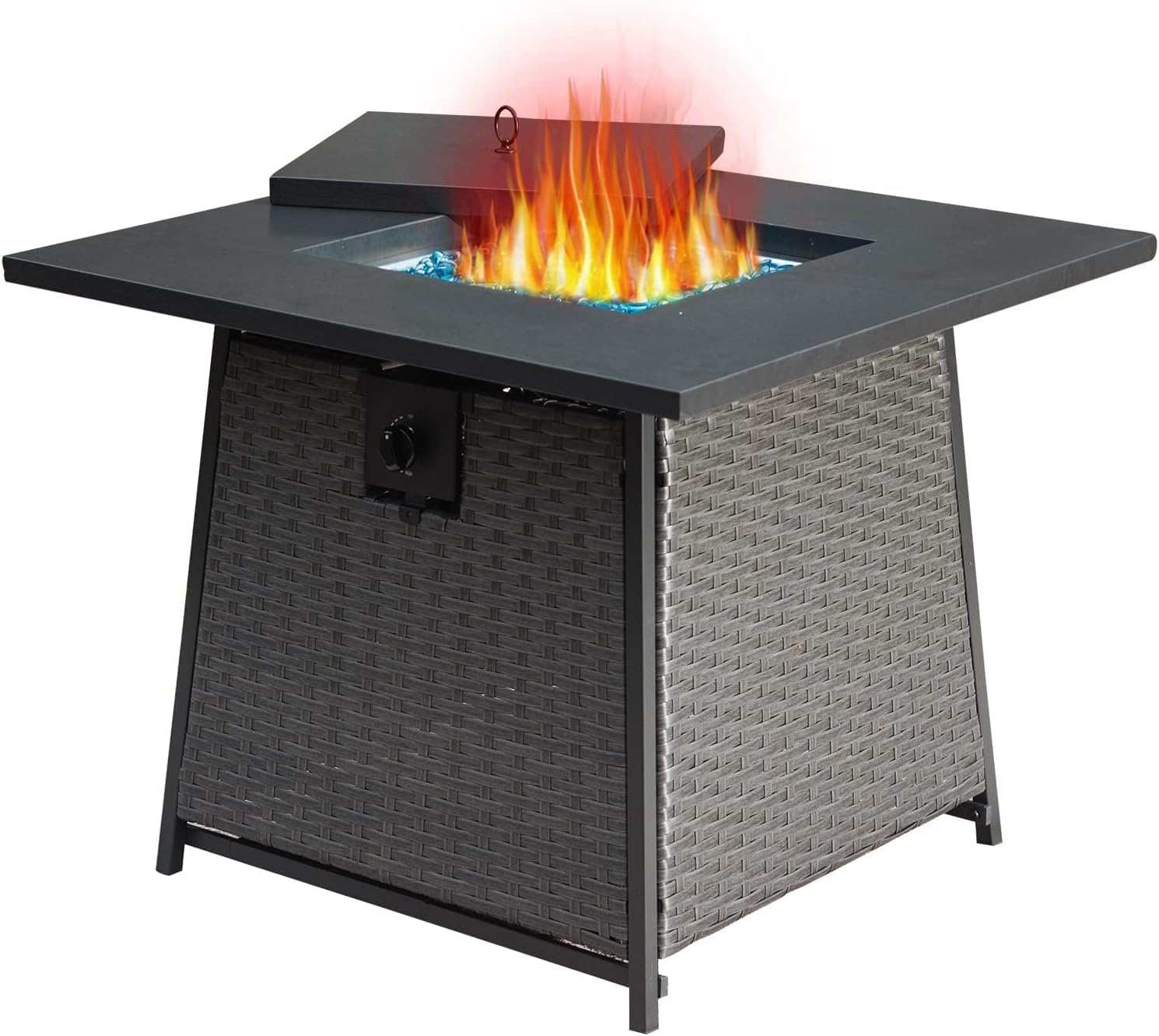 32 Inch Propane Fire Pits Table with Blue Glass Ball,50,000 BTU Outdoor Wicker Fire Table with ETL Certified,2 in 1 Square Steel Gas Firepits (Dark Gray)