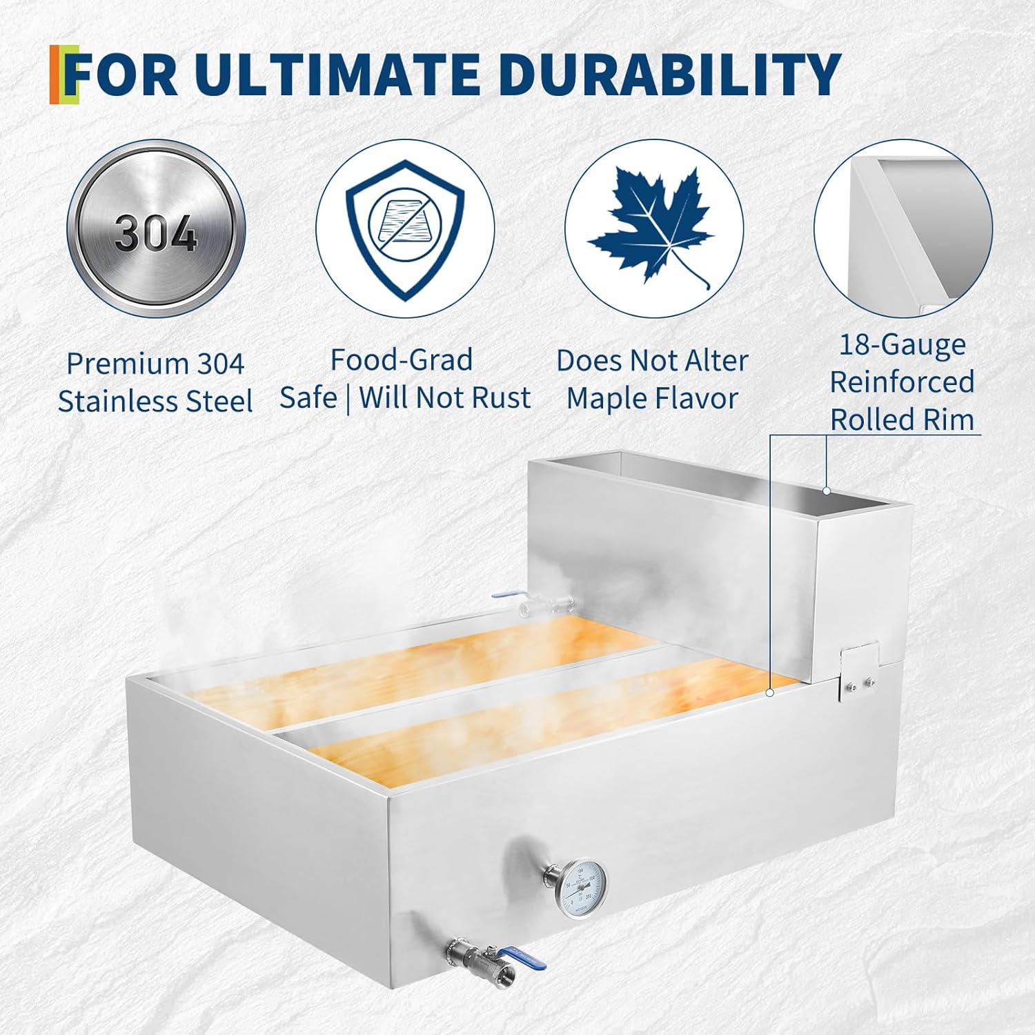 High Capacity Maple Syrup Evaporator Pan - Stainless Steel, 42.7 Gal, Pre-Heating Tank, Thermometer & Drain Valves, Upgraded Seamless Weld, Multi-Heat Compatible, Mini Evaporative Cooler, Size