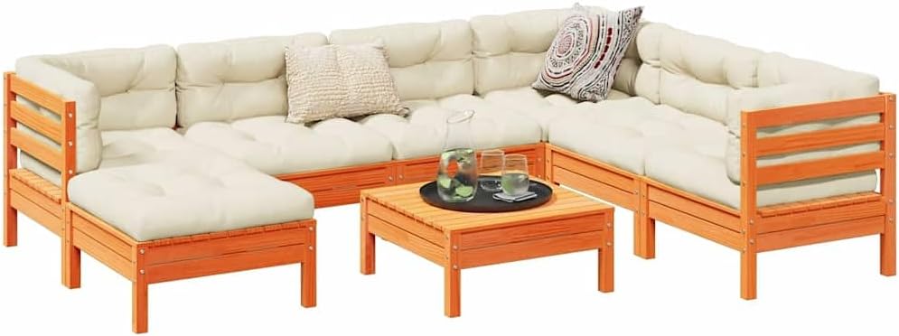 8-Piece Garden Sofa Set, Wax Brown Solid Pine Wood Outdoor Furniture, Cream Cushions, Modular Patio Dining Seating for Balcony & Terrace