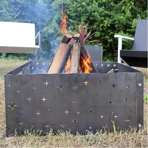 Twinkling Stars Steel Fire Pit - Metal Outdoor Backyard Fire Ring - Starry Night Patio Decor - Rustic Stars Fire Place (Raw Steel -Dark, 29