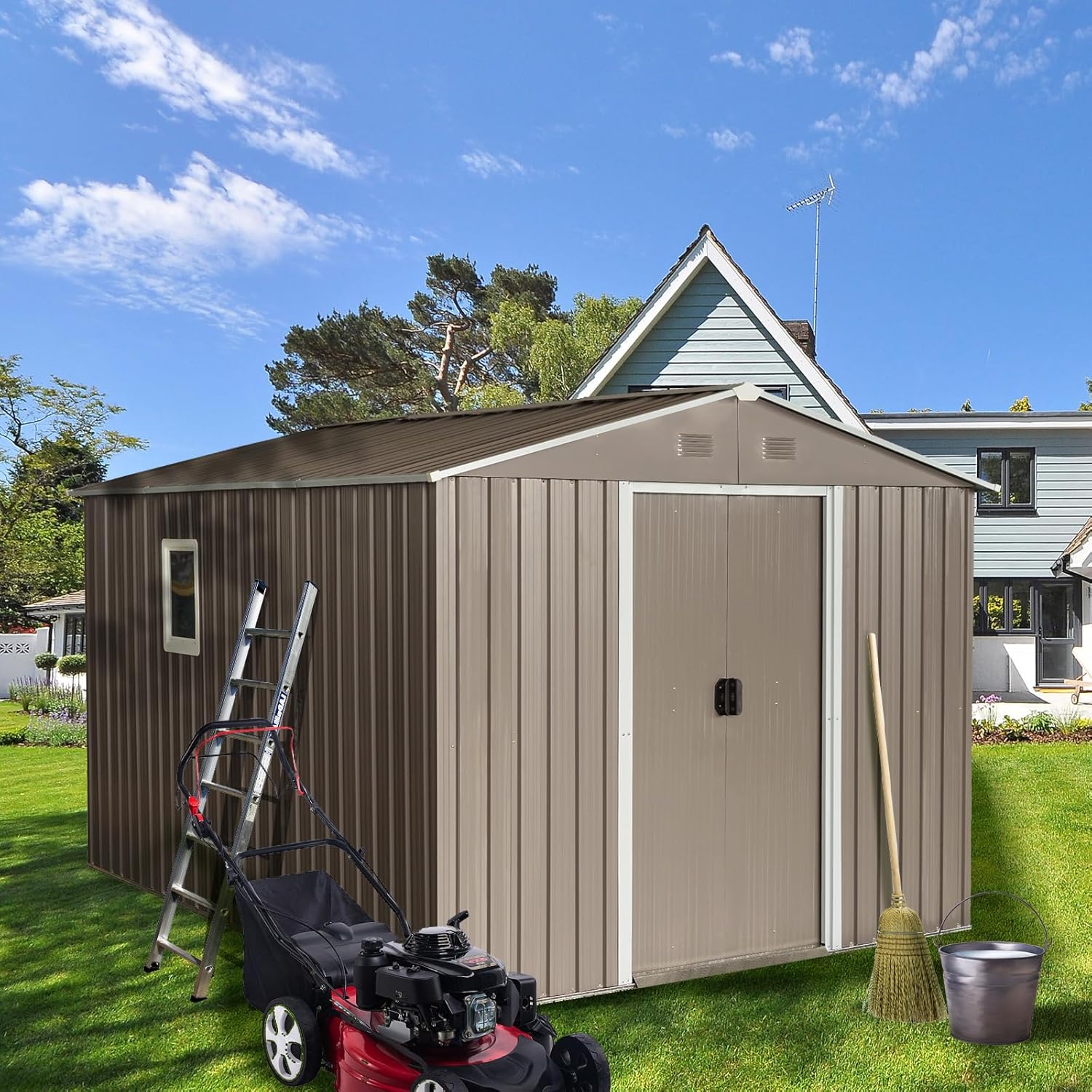 8x10 ft Outdoor Metal Storage Shed with Floor Frame and Window, Lockable Galvanized Steel Tool Shed with Sliding Door and Air Vent, Waterproof Garden Storage House for Backyard, Patio