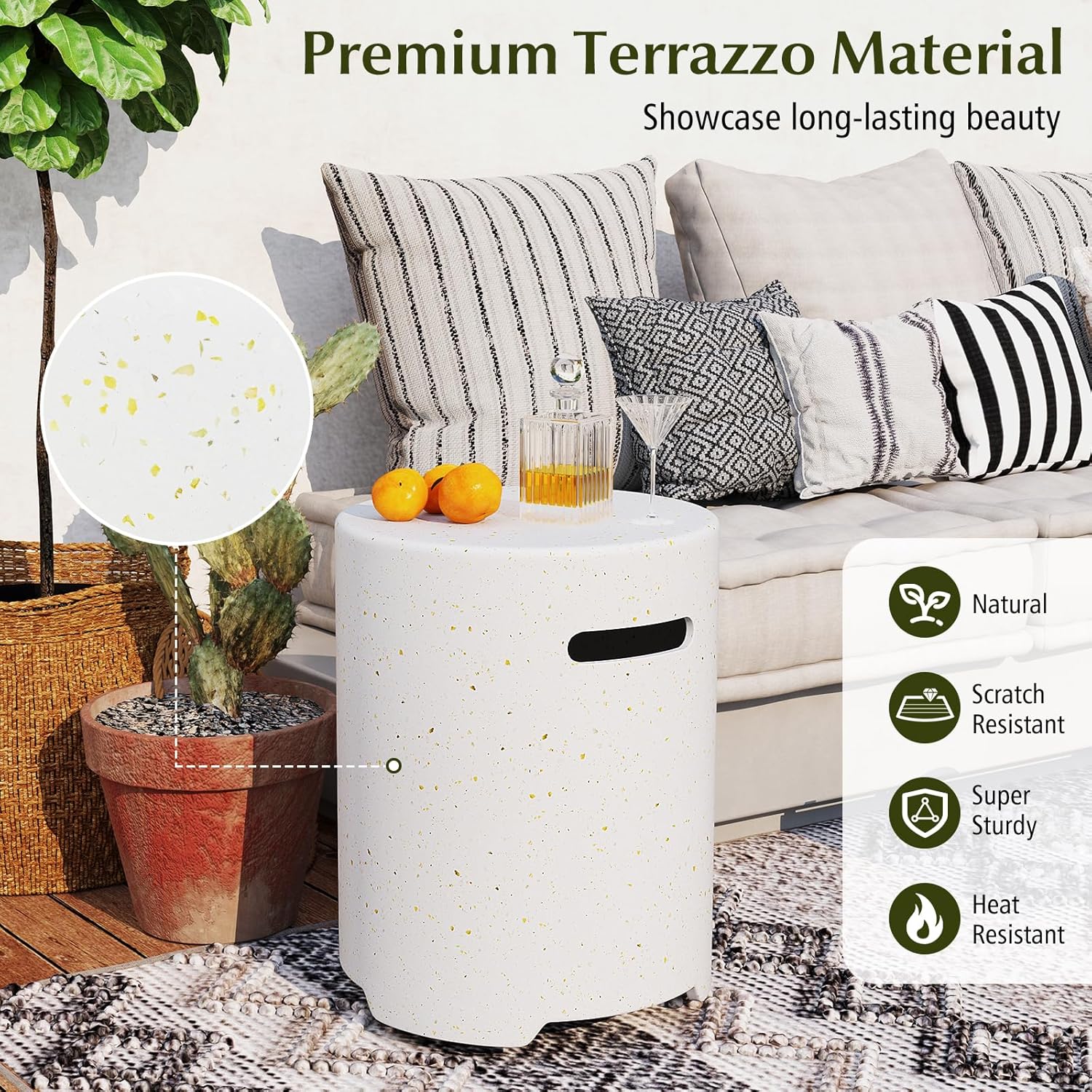 Tangkula Propane Tank Cover Table, 20 LB Propane Tank Storage Box, φ16 x 20.5 Inch Terrazzo Tank Hideaway Table with Side Handles and Protective Cover, Outdoor Side Table for Gas Fire Pit