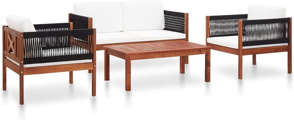 4 Piece Patio Lounge Set Solid Acacia Wood,4Piece Outdoor Acacia Wood Patio Lounge Set with Rope Design for Enhanced Durability and Comfort Patio Furniture Sets, Outdoor Furniture Sets