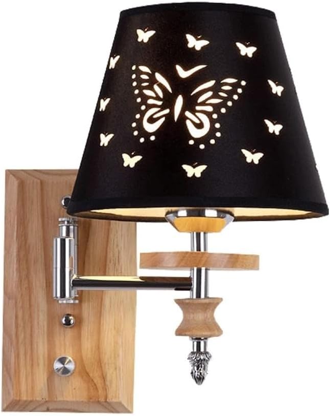 Modern Swing Arm Wall Lamp with Wood and Fabric Shade, Adjustable Bedside Reading Light for Bedroom, Living Room, Study, E27 Wall Sconce Indoor Lighting Fixture Full of Stars(1 Light)