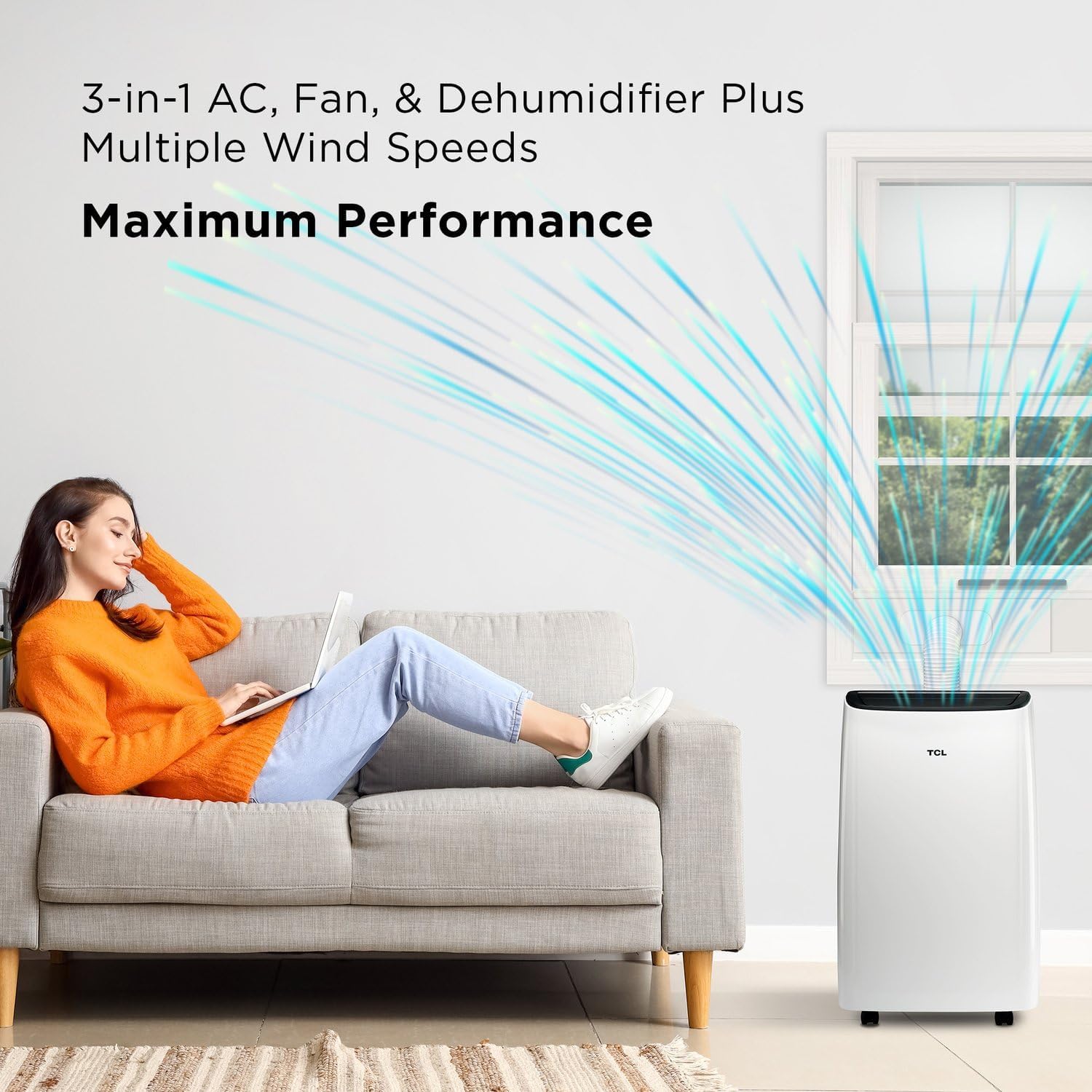TCL H7P38W 7,000 SACC BTU Smart Portable Air Conditioner, Fan & Dehumidifier, 300 Sq. Ft, Ultra-Compact Design, Remote Control, Compatible with Alexa/Google Assistant, Install Kit Included, White