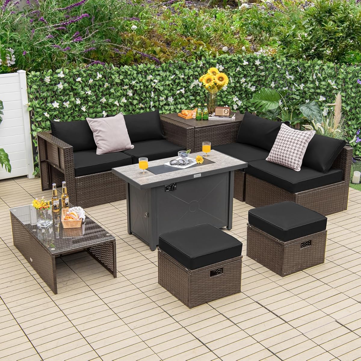 Tangkula 9 Pieces Patio 42” Propane Fire Pit Table Set, Outdoor PE Wicker Space-Saving Set with Storage Box and Cushions, 60,000 BTU Fire Pit Table with 2 Protective Covers Included (Black)