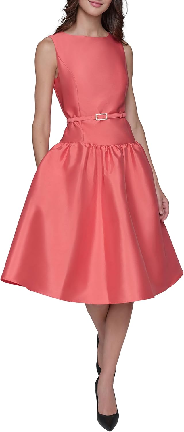 Karl Lagerfeld Womens Sleeveless Boat Neck Drop Waist Belted Midi Dress