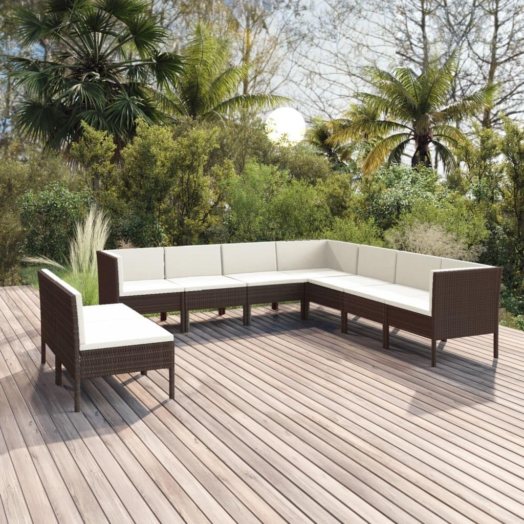 9 Piece Patio Lounge Set with Cushions Poly Rattan Brown Garden Furniture