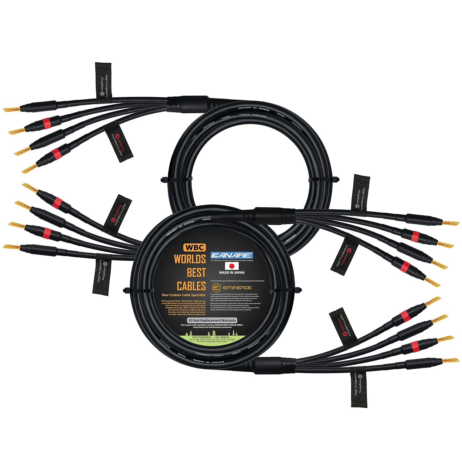 WORLDS BEST CABLES 12 Foot - Canare 4S11 – Audiophile Grade - HiFi Star-Quad Bi-Amp Speaker Cable Pair with Eminence Gold Banana Connectors