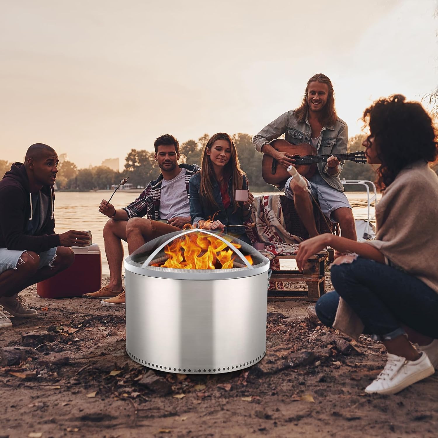 GarveeLife Fire Pit Spark Screen Cover for Campfires - Easy Lift Stainless Steel, Mesh Protector, Guide Rod Included, Outdoor Patio & Backyard Accessory, Silver，18 * 18 * 5 in