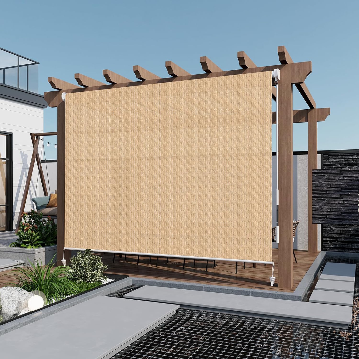 LOVE STORY Patio Shades Roll Up Outdoor Cordless Roller Shade 8'(W)*8'(H) for Patio Porch Gazebo Balcony Deck Backyard,Wheat