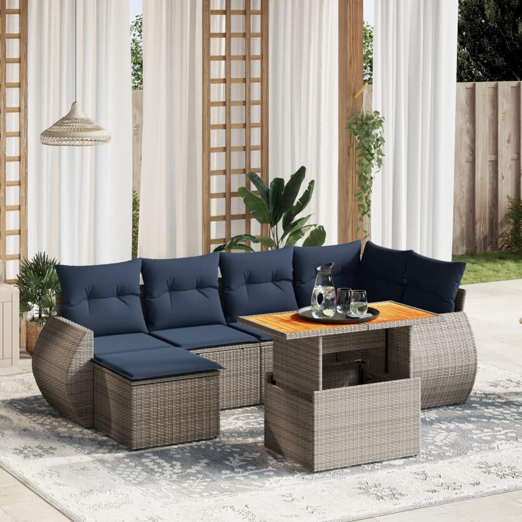 7 Piece Gray Poly Rattan Patio Sofa Set, Modular Outdoor Furniture with Adjustable Table, Navy Cushions, UV-Proof, for Garden, Terrace
